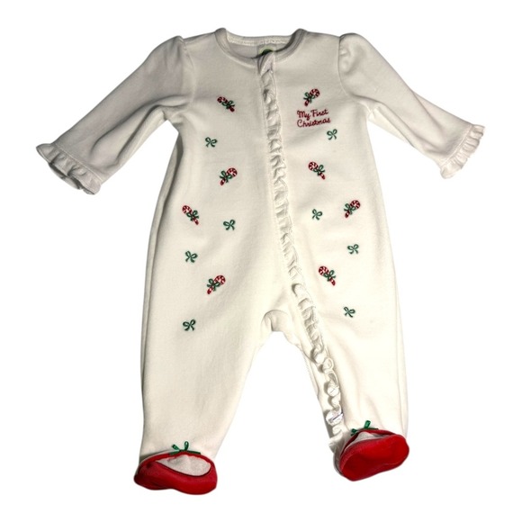 Little Me My First Christmas Footed Pajamas 3M Candy Cane Ruffle Holiday - Picture 1 of 3